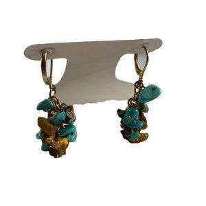 Fauz Turquoise Earrings Dangle Beaded Gold Tone 1" Long